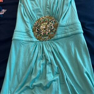 Turquoise Dress with Embellished Brooch